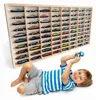 Modellauto-Regal für 160 Autos 1:64 – 2 Wandregale als Setzkasten für Spielzeugautos, Lkw-Motiv, Blau, Birken-Sperrholz – Detail der Fachmaße Produktbild-Vorschau