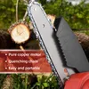 Close-up of a portable chainsaw with text overlay highlighting its features, with logs and greenery in the background. Podgląd zdjęcia produktu