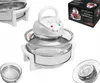 A collage of images showing a halogen oven and its packaging, along with some accessories. Podgląd zdjęcia produktu