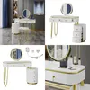 A collage of images showcasing a white vanity table with gold accents and a round LED mirror, along with its components and accessories. Náhled obrázku produktu