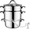 A stainless steel steamer pot with three tiers and a glass lid, shown against a white background. Produktbild-Vorschau