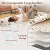 A woman is lying on a mattress, reading a book. The mattress has a bear pattern. There are also diagrams showing layers and bubbles with text describing features. Produktbild-Vorschau