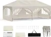 A beige party tent with side walls and windows, along with its accessories, laid out below. Produktbild-Vorschau