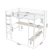 A diagram of a white metal bunk bed with a desk and shelves, showing various dimensions. Náhled obrázku produktu