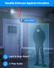 A security camera detecting an intruder at a doorway, with text overlays highlighting features. Produktbild-Vorschau