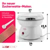 A product image for a cotton candy maker, showing the device with its dimensions indicated, and including accessories like wooden sticks and a measuring spoon. Podgląd zdjęcia produktu