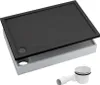 A black shower tray with a grey base and a white drain fitting. Produktbild-Vorschau