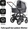 A stroller with a rain cover, accompanied by icons and text indicating weather protection. Produktbild-Vorschau
