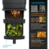 A marketing image showing a dual-chamber air fryer with food inside and feature descriptions. Produktbild-Vorschau