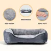 A dog bed with three circular insets highlighting its features: warmth, breathability, and softness. Produktbild-Vorschau