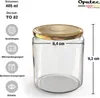 A clear product shot of a glass jar with a gold lid, featuring dimensions and feature icons. Voir les images du produit