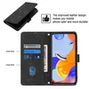 A black leather flip wallet phone case is shown open, displaying card slots and a phone screen with a colorful wallpaper. A separate image of the closed case is in the top left. Text describes the case's features. Produktbild-Vorschau