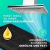 A close-up of a charcoal filter for a range hood, with text highlighting its features and a graphic of a range hood. Produktbild-Vorschau