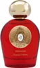 A red glass perfume bottle with a gold cap and a decorative gold emblem on the front. Produktbild-Vorschau