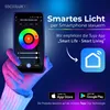 A hand holding a smartphone displaying a smart light control app, with marketing text and app icons on a dark blue background. Produktbild-Vorschau