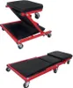 Two views of a red and black foldable mechanic's creeper/seat on a white background. Voir les images du produit