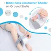 A person's legs are shown with a knee pillow positioned between them, and a close-up inset shows hands adjusting the pillow. Produktbild-Vorschau