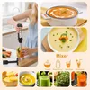 A collage of images showcasing a hand blender and various food preparations. Produktbild-Vorschau