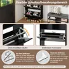A collage of images showing a black shoe cabinet with various features and dimensions, along with illustrations of shoes. Podgląd zdjęcia produktu