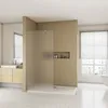 A modern bathroom with a walk-in shower, vanity, and window. Produktbild-Vorschau
