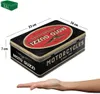 A tin box with Moto Guzzi branding is shown with dimensions indicated and a hand underneath for scale. Náhled obrázku produktu