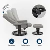 A grey fabric recliner chair with a matching ottoman, shown in various reclining positions and with a close-up of a control knob. Three icons with German text are displayed below. Voir les images du produit