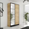 A modern wardrobe with a wood-effect finish and mirrored doors, set in a bright, minimalist room with a large window and plants. Produktbild-Vorschau