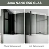 A split image showing two configurations of a shower screen for a bathtub. The left side shows the shower screen without a side wall, and the right side shows it with a side wall. Both configurations are installed on a white bathtub. Podgląd zdjęcia produktu