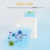 A HEPA filter is shown with illustrations of dust particles and viruses being captured. Produktbild-Vorschau