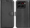 A black leather flip case for a smartphone, shown open to reveal the phone's camera. Produktbild-Vorschau