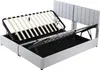 A bed frame with its storage mechanism open, showing the internal storage space and the slatted mattress base. Produktbild-Vorschau