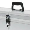 A close-up view of a silver case with a black handle and a metal latch. Produktbild-Vorschau
