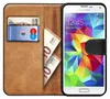 A book-style phone case with a Samsung Galaxy S5 inside, showing cards and cash in the wallet section. Podgląd zdjęcia produktu