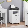 A white filing cabinet with a printer on top, placed next to a desk in an office setting. Produktbild-Vorschau