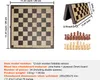 A flat lay and angled view of a wooden chessboard and chess pieces, with dimensions and material information displayed. Náhled obrázku produktu