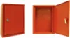 Two views of a red metal cabinet, one closed with a lock and one open showing the interior. Produktbild-Vorschau