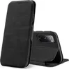 A black flip case for a smartphone is shown in a studio setting against a white background. The case is partially open, revealing the back of a smartphone with its camera module. Produktbild-Vorschau