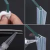 A collage of four images showing the steps of applying a shower seal to glass. Náhľad obrázku produktu