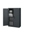 An open gray metal filing cabinet with several shelves and folders inside. Produktbild-Vorschau