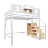 A white metal loft bed with wooden shelves integrated into the stairs. Produktbild-Vorschau