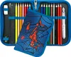 A blue pencil case with Spiderman design, open to reveal colored pencils, a ruler, an eraser, and a sharpener. Produktbild-Vorschau