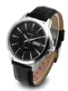 A close-up studio shot of a men's wristwatch with a black dial and a black leather strap. Náhľad obrázku produktu