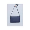 A dark blue satchel bag hanging against a light gray textured background. Produktbild-Vorschau