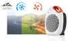 A portable fan heater is shown next to a collage of landscapes representing different seasons, with icons indicating cold and fan functions. Produktbild-Vorschau