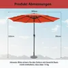 An orange umbrella with dimensions indicated, set against a sky and mountain background. Produktbild-Vorschau
