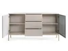 A light beige sideboard with two doors and three drawers, shown from the front with one door and one drawer open. Produktbild-Vorschau