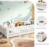A white wooden children's bed with stuffed animals inside, set against a light blue wall with cartoon animal and mushroom decals. The image is divided into sections, with close-ups of the bed's features and text labels. Anteprima dell’immagine prodotto