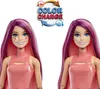 Two Barbie dolls with long, multi-colored hair are shown side-by-side. The doll on the left has makeup and tear-like markings on her face, while the doll on the right has a simpler facial expression. Above them is a "Color Change" graphic with arrows indic Podgląd zdjęcia produktu