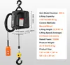 A product shot of an electric hoist with dimensions and specifications displayed. Voir les images du produit