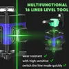 A marketing image showcasing a multifunctional laser level tool with green laser lines projected. Produktbild-Vorschau